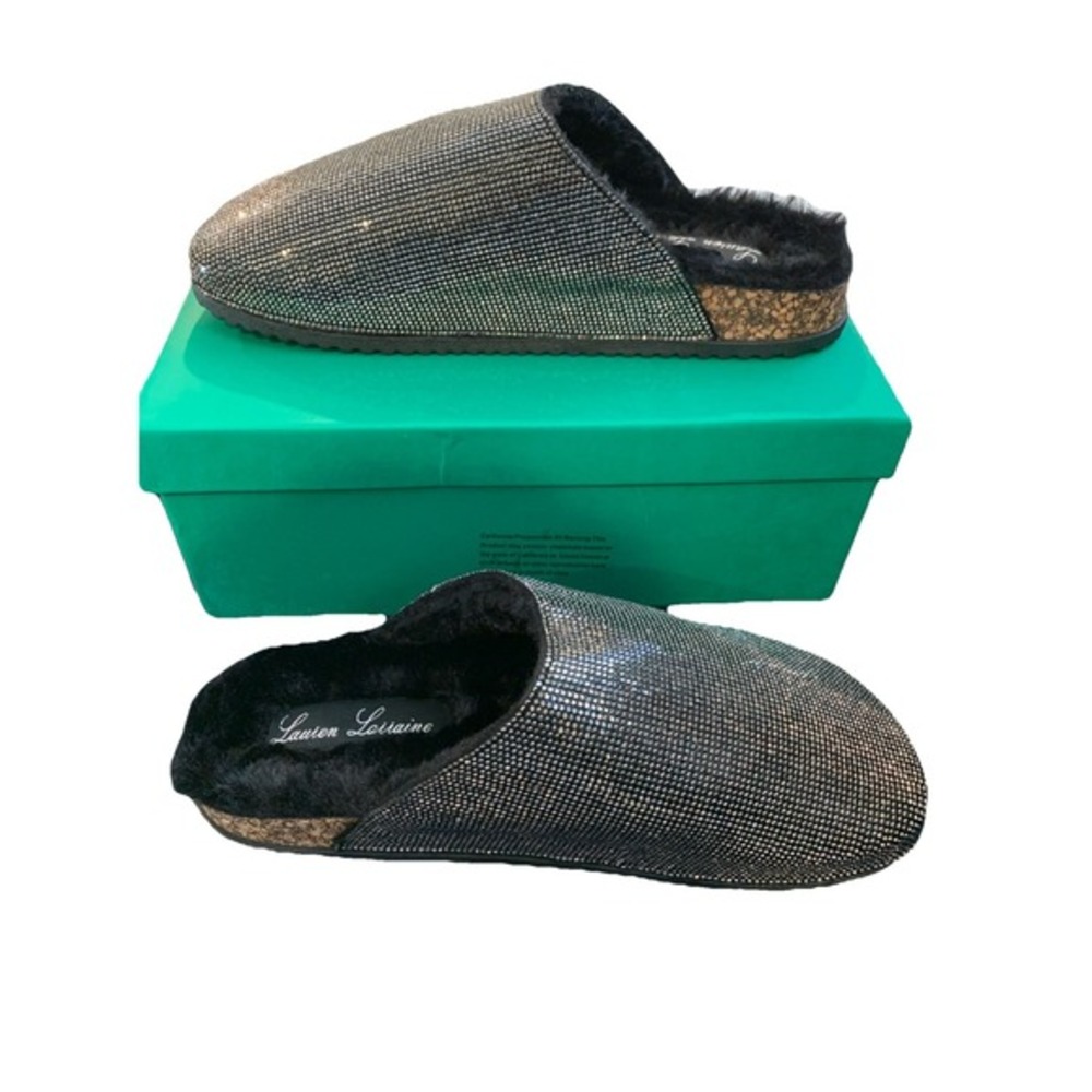 Lauren Lorraine Lizzy Black Pewter Rhinestone Slides Faux Fur Lined Size 9 1/2